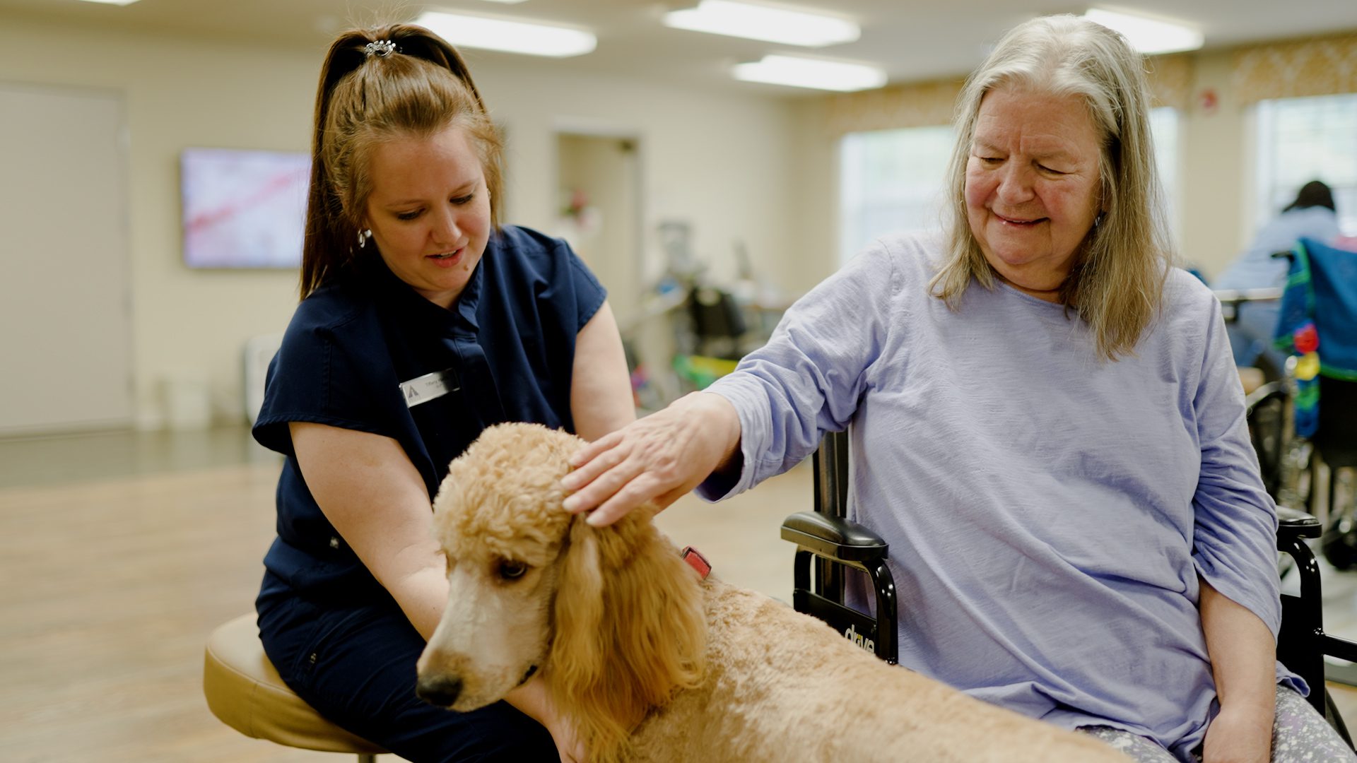 Woman and nurse pet a dog at Amberwood Health and Rehab